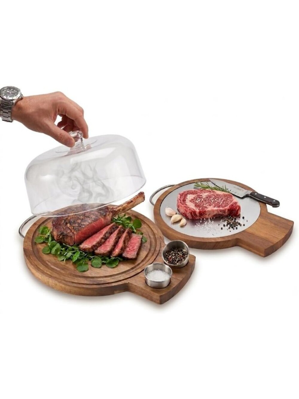 Acacia Wood Steak Plate with Dome Lid - Stainless Steel Cutting Board & Serving